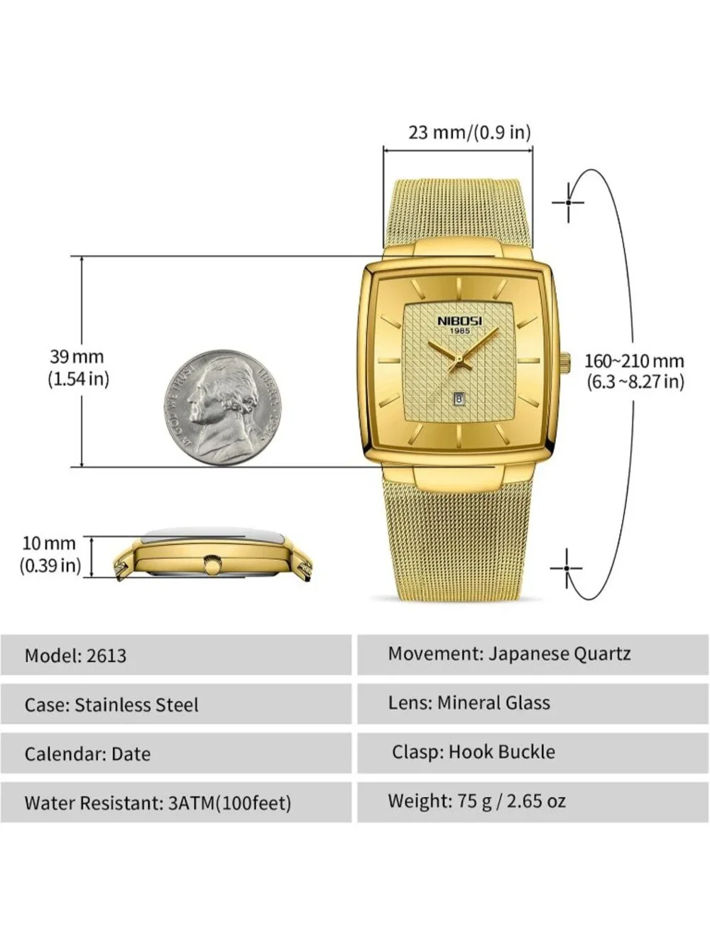Nibosi Men's All Gold Square Analog Quartz Stainless Mesh Strap Waterproof Watch